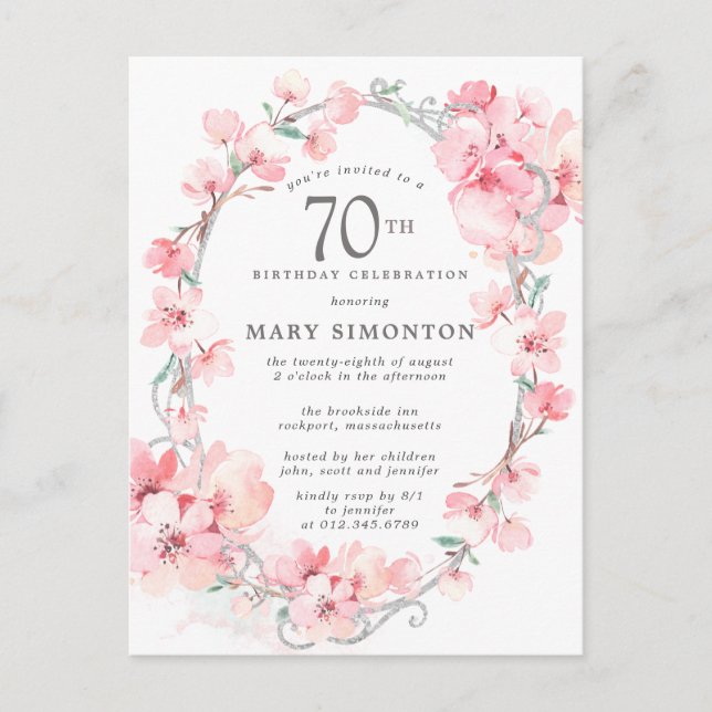 Blush Pink Cherry Blossom Floral 70th Birthday Invitation Postcard (Front)