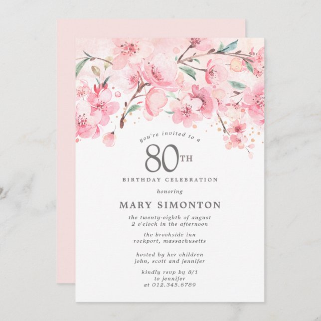 Blush Pink Cherry Blossom Floral 80th Birthday Invitation (Front/Back)