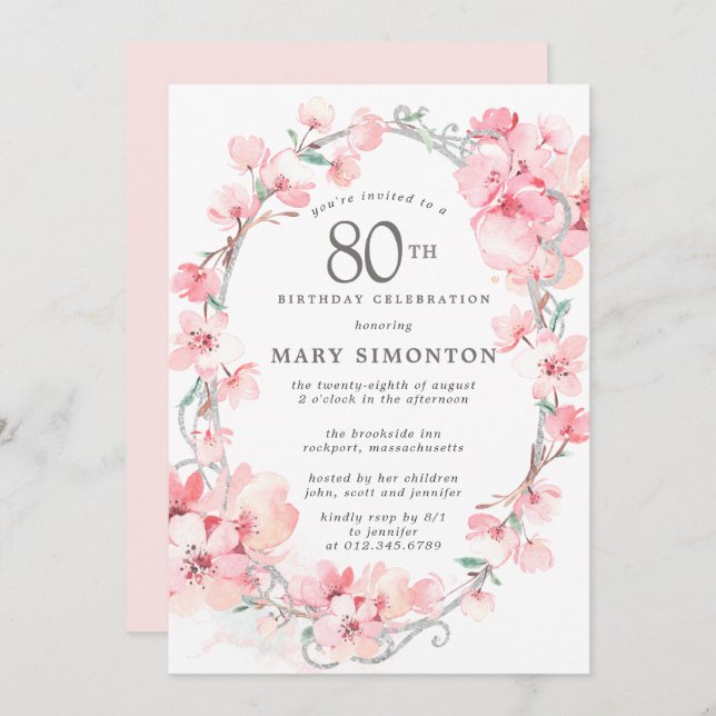 Blush Pink Cherry Blossom Floral 80th Birthday Invitation (Front/Back)