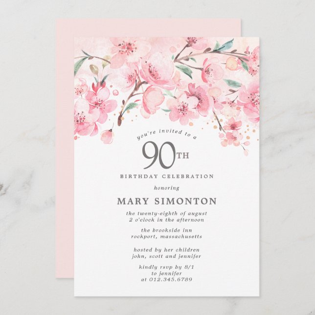 Blush Pink Cherry Blossom Floral 90th Birthday Invitation (Front/Back)