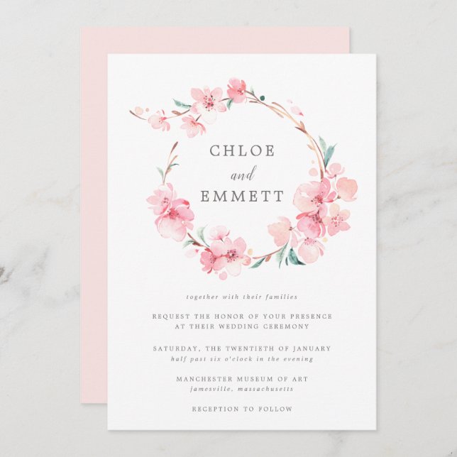 Blush Pink Cherry Blossom Floral Frame Wedding Invitation (Front/Back)