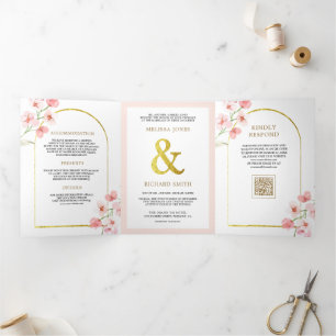 Blush Pink Cherry Blossom Floral QR Code Wedding Tri-Fold Invitation