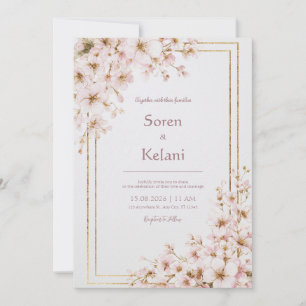 Blush Pink Cherry Blossom Gold Frame Wedding Invitation