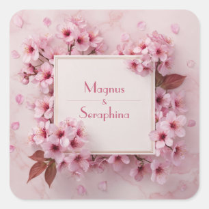 Blush Pink Cherry Blossom Gold Marble Wedding Square Sticker