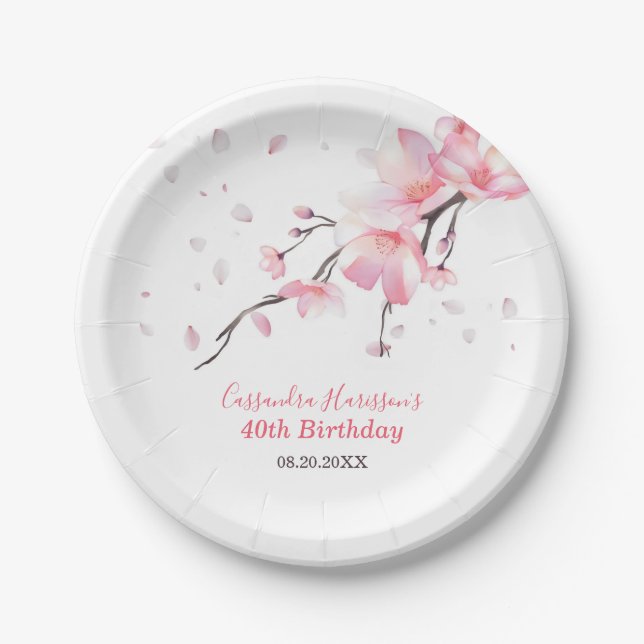 Blush Pink Cherry Blossom Sakura Floral Birthday Paper Plate (Front)