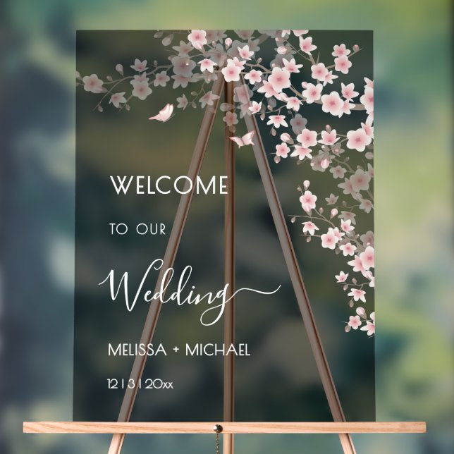 Blush Pink Cherry Blossom Wedding Acrylic Sign (Neutral)