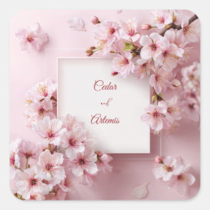 Blush Pink Cherry Blossom White Frame Wedding Square Sticker