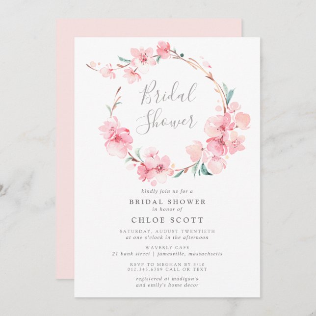 Blush Pink Cherry Blossom Wreath Bridal Shower Invitation (Front/Back)