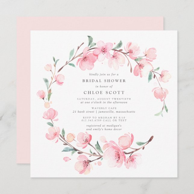 Blush Pink Cherry Blossom Wreath Bridal Shower Invitation (Front/Back)