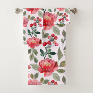 Blush Pink Cherry Red Floral Pattern Bath Towel Set