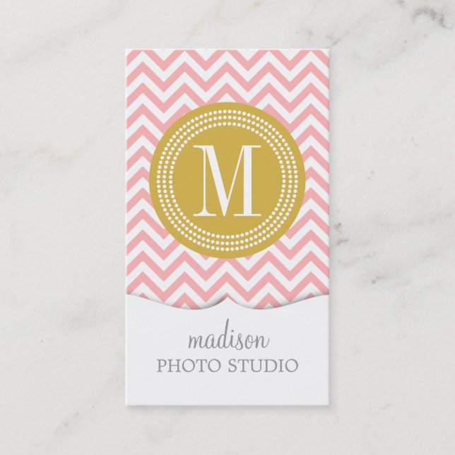 Blush Pink Chevron Zigzag Personalised Monogram Business Card (Front)