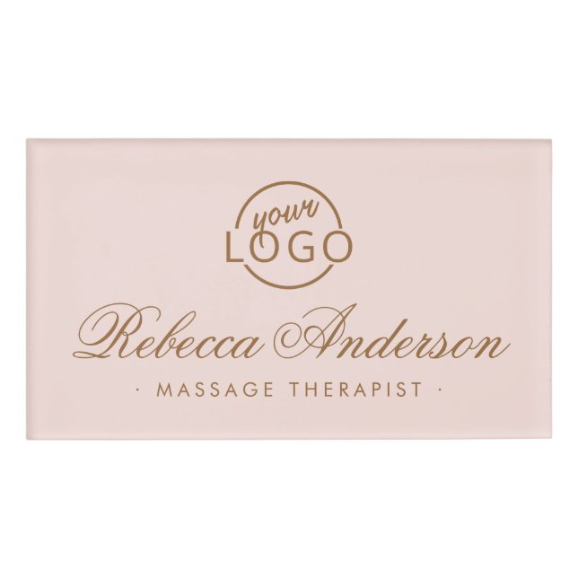 Blush pink chic calligraphy script custom logo name tag (Front)
