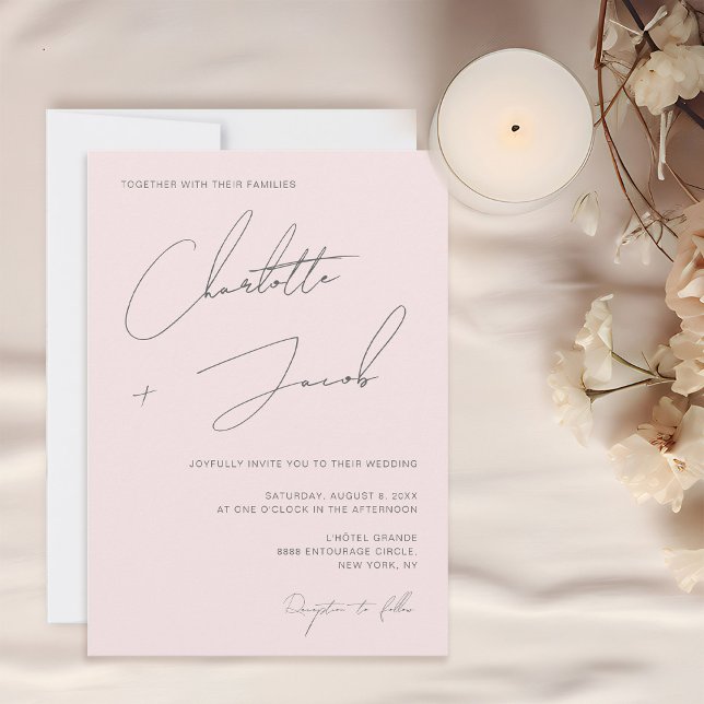 Blush Pink Chic Minimalist Elegant Script Wedding Invitation (Simplistic Minimalistic Modern Elegant Script Typography Blush pink wedding invitation.)