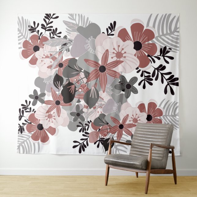 Blush Pink Chilli Pepper and Grey Boho Floral Tapestry (In Situ (Horizontal))