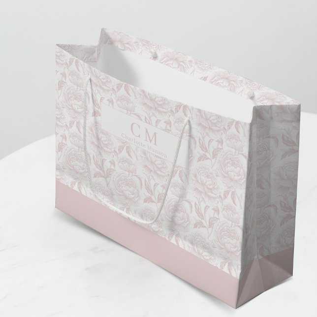 Blush Pink Chinoiserie Peonies Monogram Large Gift Bag (Creator Uploaded)