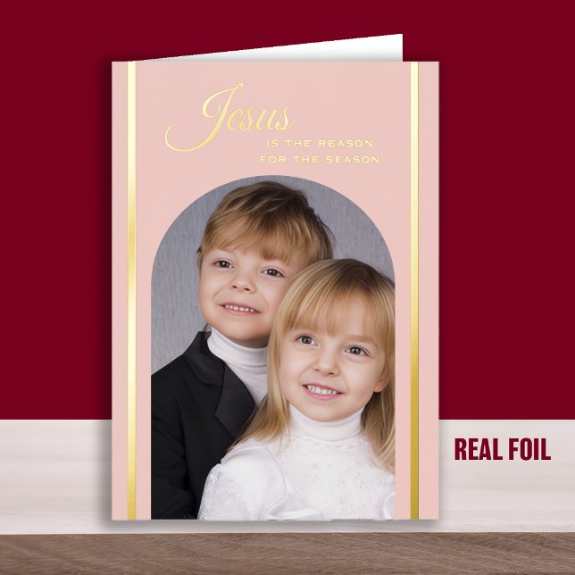Blush Pink Christian Photo Christmas Gold Foil Greeting Card (Creator Uploaded)