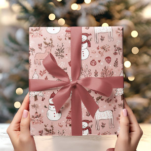 Blush Pink Christmas    Reindeer & Snowman Wrapping Paper