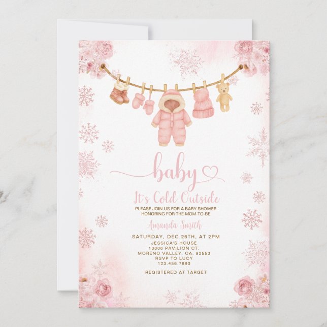 Blush Pink Clothesline Cold Outside Baby Shower Invitation (Front)