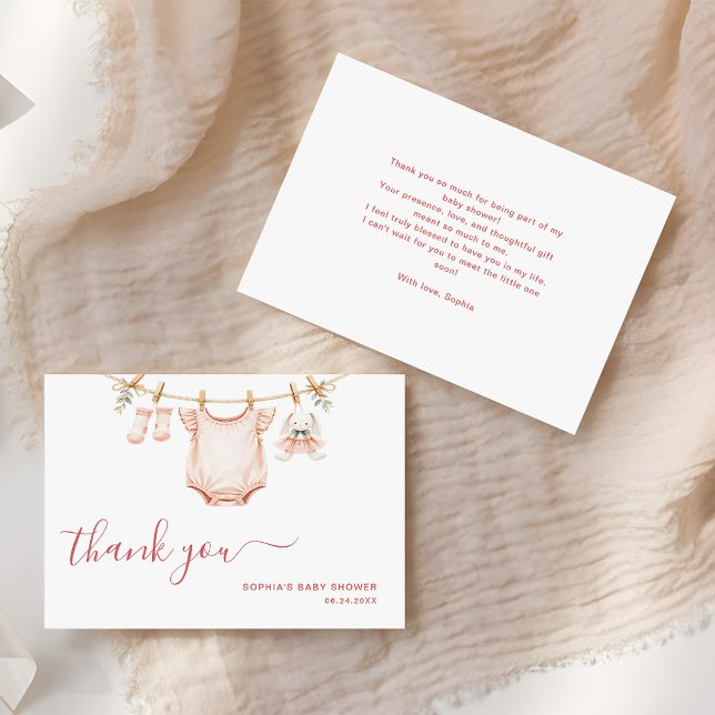 Blush Pink Clothesline Girly Modern Baby Shower Thank You Card (Creator Uploaded)
