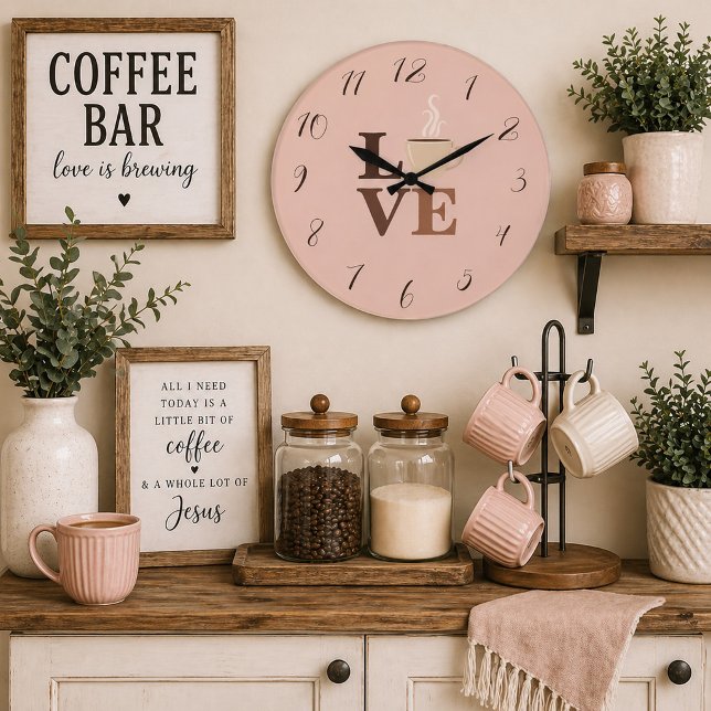 Blush Pink Coffee Love Romantic  Large Clock (Creator Uploaded)