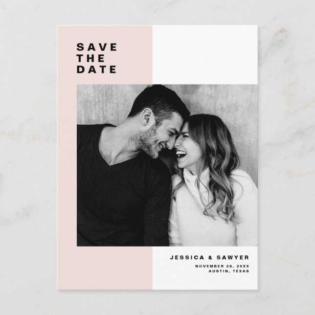 Blush Pink Colour Block Modern Photo Save the Date Announcement Postcard (Front)