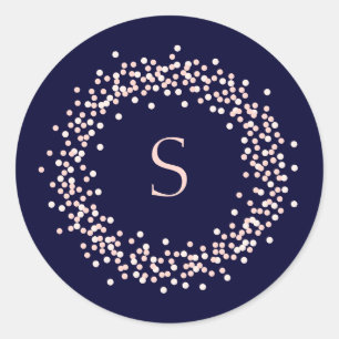 Blush Pink Confetti on Navy Blue   Monogram Classic Round Sticker
