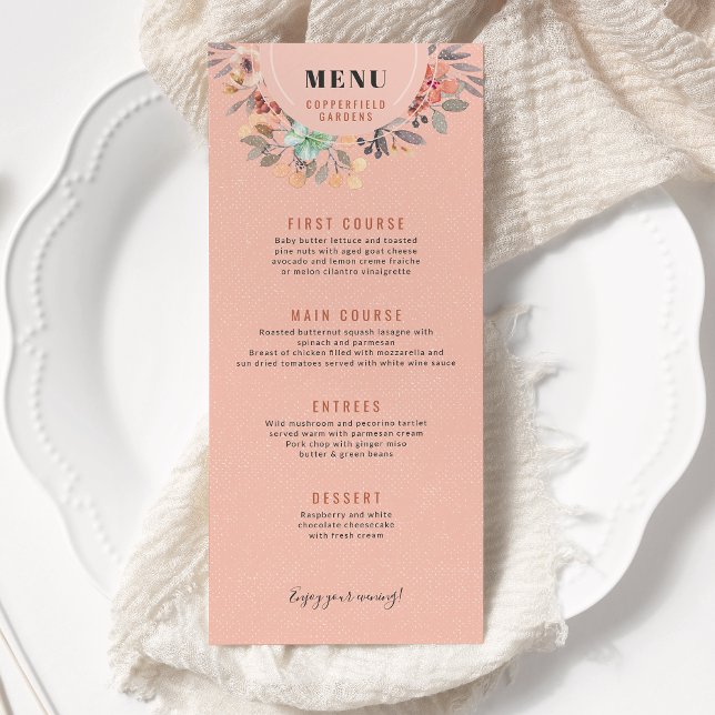 Blush Pink Copper Watercolor Floral Chic Wedding Menu (Creator Uploaded)