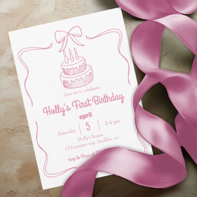 Blush Pink Coquette Bow 1st Birthday Cake Invitation (Creator Uploaded)
