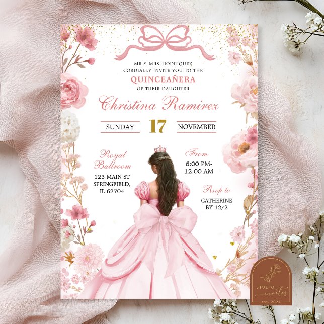 Blush Pink Coquette Bow Princess Quinceanera Invitation (Creator Uploaded)