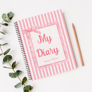 Blush Pink Coquette Stripes Bow Monogramed Diary Notebook
