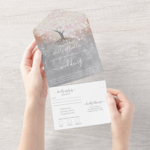 Blush Pink Coral and Grey Heart Leaf Tree Wedding All In One Invitation