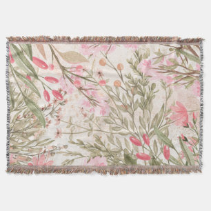 Blush pink coral forest green watercolor floral throw blanket