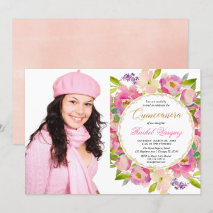 Blush pink coral gold floral Quinceanera photo Invitation