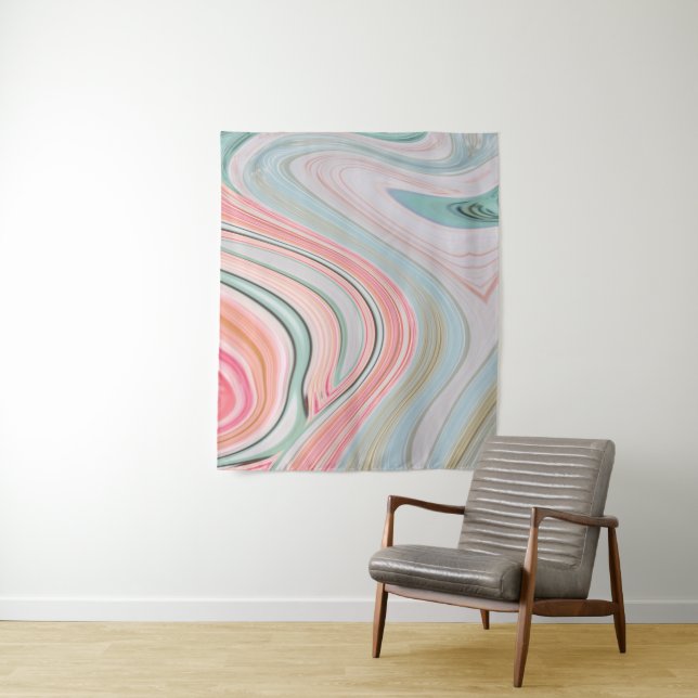 blush pink coral mint green rainbow marble swirls tapestry (In Situ)