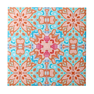 Blush Pink Coral Peach Orange Turquoise Ethnic Art Ceramic Tile