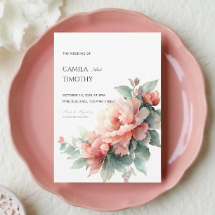 Blush Pink Coral Peony Watercolor Floral Wedding Invitation