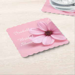 Blush Pink Cosmos Floral Script Bridal Shower Paper Coaster