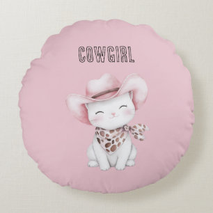 Blush Pink Cowgirl Cat Round Cushion