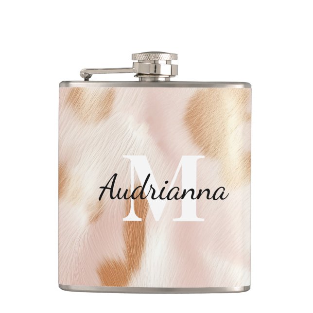 Blush Pink Cowgirl Cowhide Monogram Hip Flask (Front)