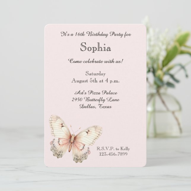 Blush Pink Cream Butterfly Birthday  Invitation (Standing Front)