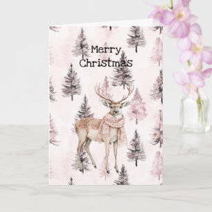 Blush Pink Cream Deer Scarf Christmas Trees Card