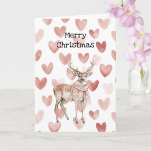Blush Pink Cream Deer Scarf Hearts Christmas Card