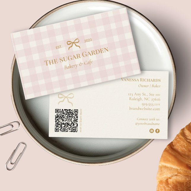 Blush Pink Cream Gingham QR Bakery Marketing Business Card (Creator Uploaded)
