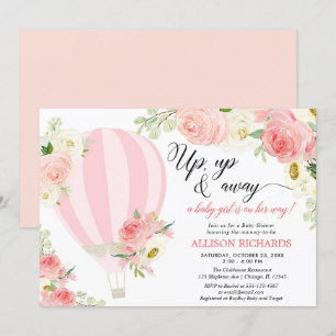 Blush pink cream hot air balloon girl baby shower invitation