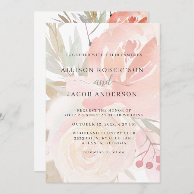 Blush Pink Cream Peach Sage Green Wedding Invitation (Front/Back)