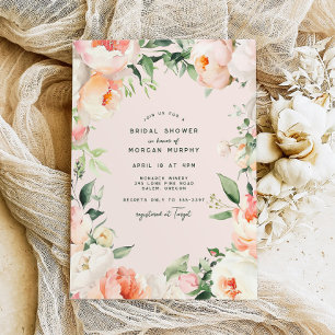 Blush Pink Cream Peony Floral Leaves Bridal Shower Invitation