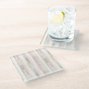 Blush Pink Cream Stripes Glass Coaster