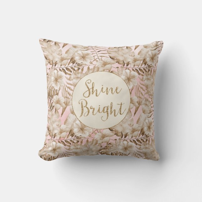 Blush Pink Cream Tropical Leaves Floral Shine Cushion (Front)