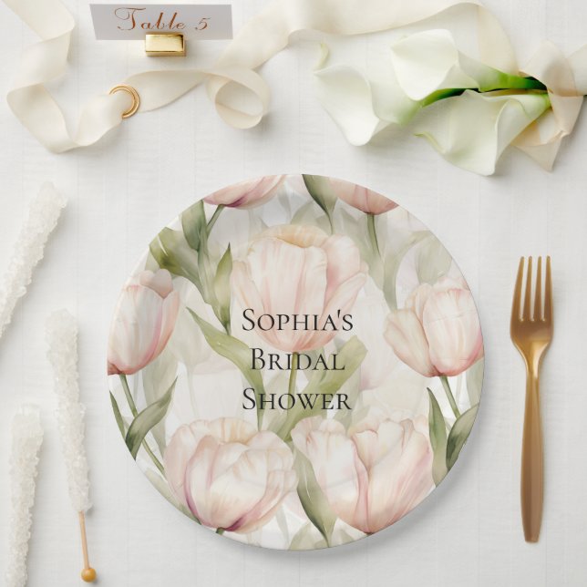 Blush Pink Cream Tulips Floral Bridal Shower Paper Plate (Wedding)