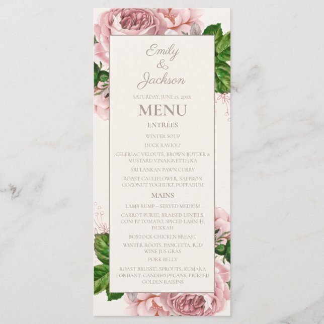 Blush Pink Cream Vintage Floral Wedding Menu (Front)